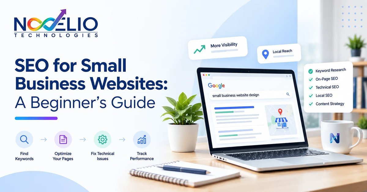 Novelio Technologies title card for SEO for Small Business Websites: A Beginner’s Guide, showing a laptop with a Google search for small business website design and a local map result, a checklist of keyword research, on-page SEO, technical SEO, local SEO and content strategy, and four steps: find keywords, optimize your pages, fix technical issues, track performance