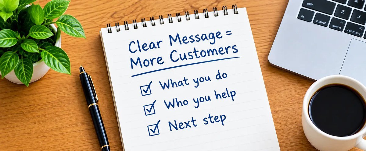 A notepad on a desk reading Clear Message = More Customers, with What you do, Who you help and Next step ticked off