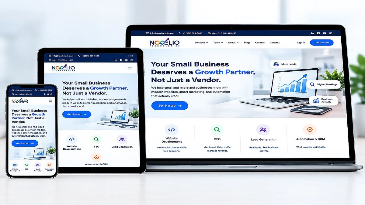 The same Novelio Technologies website shown on a phone, a tablet and a laptop, each adapting its navigation and layout to the screen size