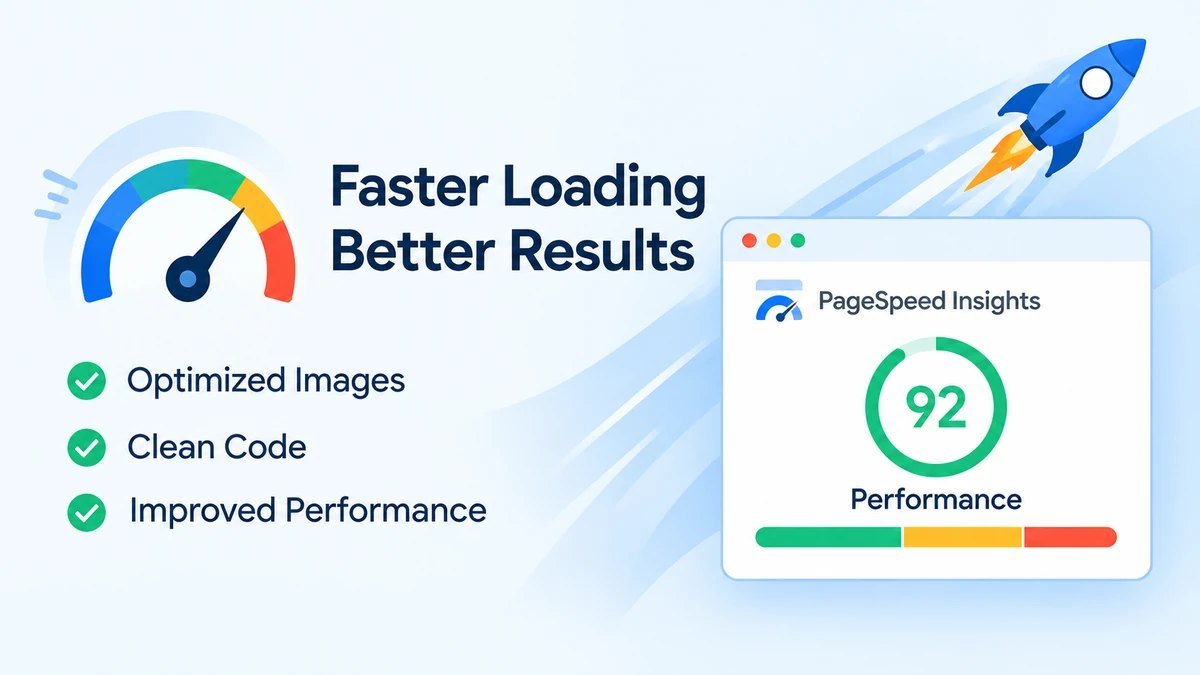 A PageSpeed Insights performance score of 92 beside a speedometer and rocket, with optimized images, clean code and improved performance checked off
