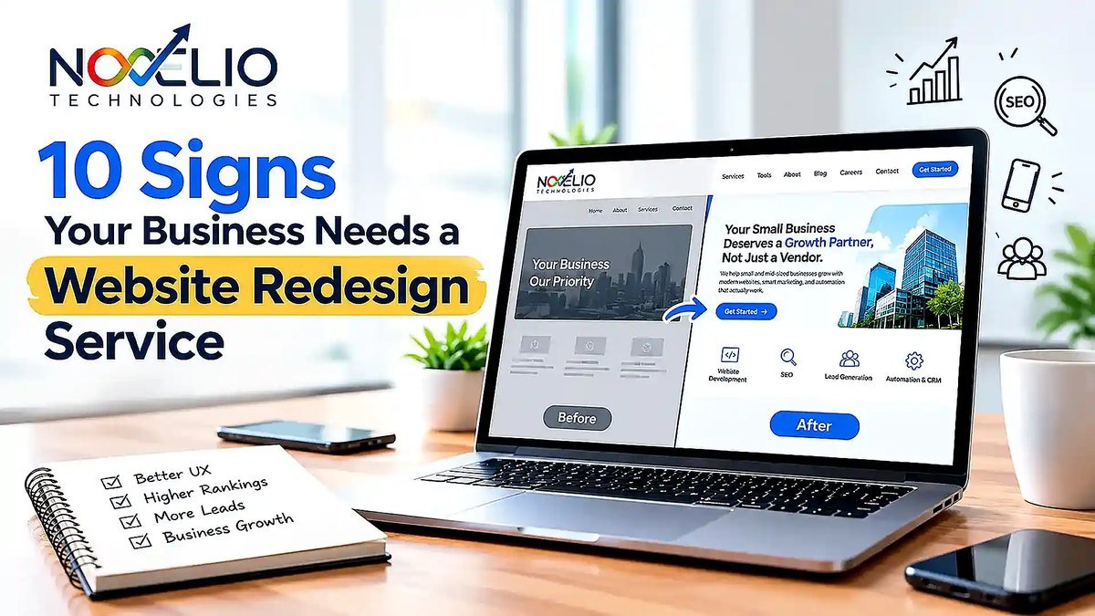 Novelio Technologies title card for 10 Signs Your Business Needs a Website Redesign Service, showing a laptop with a dated website on the left and the redesigned version on the right