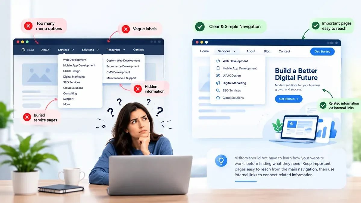 A confused visitor in front of a cluttered website menu marked with too many options, vague labels, hidden information and buried service pages, compared with a clear, simple navigation where important pages are easy to reach and related information is linked internally