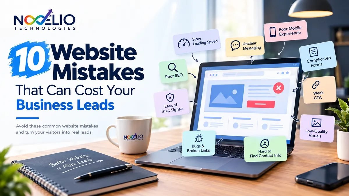 Novelio Technologies title card for 10 Website Mistakes That Can Cost Your Business Leads, showing a laptop surrounded by labels for slow loading speed, unclear messaging, poor mobile experience, complicated forms, weak CTA, poor SEO and missing trust signals